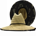 Wide brim straw hat with woodland camouflage underside and adjustable chin strap - Natural With Camouflage Underbrim (03)