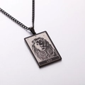 Men's retro stainless steel square necklace with engraved Leo zodiac sign and lion head - Leo / Black