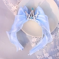 Detail of blue ribbon hairband with silver glitter crown and crystal for girls - 1236 Blue Mesh Crown