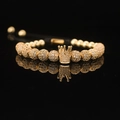 Luxury crown charm bracelet with gold-plated micro-paved zircon beads on black cord - Gold Crown With White Zirconia Plus Zirconia Ball