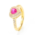 Elegant gold heart ring with vibrant pink center stone and clear pavé zircon accents - Gold - Rose Red Zirconia