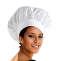 Lustrous white satin silk sleep cap for hair care shown on model with wide band - White