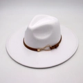 Detail of white felt fedora hat featuring a brown leather strap and gold fishhook buckle - White (Heart Buckle)