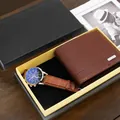 Men's fashion gift set with blue dial watch, brown leather wallet in a premium box - 2352 Black Dial Brown Strap Watch + Wallet + Box