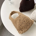 Detailed overhead view of handmade woven cotton rope tote bags in khaki, brown and white - Khaki (with inner bag)