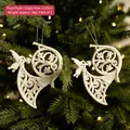 Set of 2 white glitter horn ornaments with silver sequins hanging on a Christmas tree - Trumpet Style