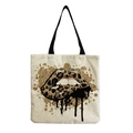 Close-up of canvas tote bag featuring leopard lips print and black woven handles - Leopard Red Lip Art Print (hm2699)