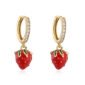 Detail of sweet strawberry drop earrings with gold hoops and sparkling zircons - Gold Red Enamel Strawberry Drop Earrings