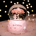 Pink princess angel music box snow globe with cherry blossom tree and starry base - 133 Love Seat / Large 100 Snow+Light+Music