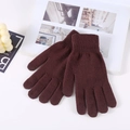 Detail view of dark brown knit gloves with ribbed cuffs on a white decorative surface - 21x10cm / Men-Coffee