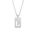 Macro detail of silver titanium steel military tag pendant with hollow letter L on box chain - Letter J