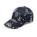 Detail of navy baseball cap with white moon and star pattern on premium twill fabric - Black