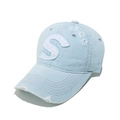 Macro detail of the 3D chenille S patch and distressed denim texture on the baseball cap - M(56-58cm) / Sky Blue