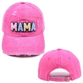 Close-up of rose pink washed baseball cap with rainbow MAMA embroidery and metal buckle - Rose Red with Colorful MAMA Patch