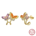 Golden S925 sterling silver butterfly stud earrings with colorful zircon stones - EQE118-14K-Gold Colorful Butterfly