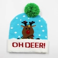 Sky blue LED Christmas knitted hat with white snowflakes, reindeer and OH DEER text - Hat Style 23 (Blue White Green Red Reindeer)