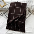 Deep brown knitted plaid scarf with white grid pattern and elegant fringed edges - Brown