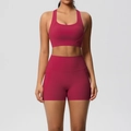 Close-up of high-waist fitness shorts with side pockets in brushed dark pink fabric - Carmine