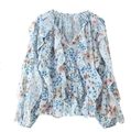 Detailed view of V-neck floral chiffon shirt with ruffle trim and buttoned front - Blue Floral