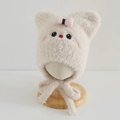 Detail of plush beige infant earflap hat with cute embroidery and pink plaid bow - 3-8 Years / Beige