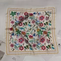 Elegant floral print square scarf with colorful blossoms on a creamy white background - Beige-colored Trumpet Flower Small Square Scarf/silk Scarf / 65