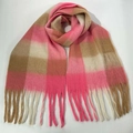 Pink and beige checkered thick warm scarf with fringe tassels in soft faux wool material - 12# (Pink Beige Plaid)