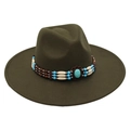 Detail of olive green felt hat with ethnic style beads and turquoise stone band - One Size / Army Green (Army Green 9.5cm [Bead Band])
