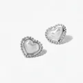 Elegant silver heart stud earrings with white pearlescent center and beaded edge - Silver Heart Style (D2739)