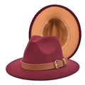 Detail of wine red wide brim fedora with brown leather belt and gold buckle accent - M(56-58cm) / Wine Red and Camel