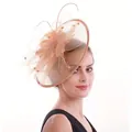 Elegant apricot bridal fascinator hat with feathers and mesh veil for weddings - Ivory