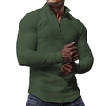 Men's dark green waffle knit sweater with quarter zipper and stand collar design - Army Green