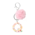 Pink faux fur pompom and letter Q keychain with colorful heart glitter in clear resin - Letter Q