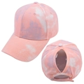 Detail of the ponytail hole and tie-dye cotton fabric on a summer baseball cap - Adjustable / Dusty Pink Tie Dye