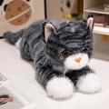 Lifelike gray tabby stuffed cat plush toy in a lying pose with soft white paws and fur - Dark Gray Tiger Cat
