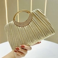 Elegant gold pleated evening clutch bag with sparkling rhinestone encrusted circular handle - Gold