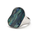 Minimalist silver steel ring with irregular colorful iridescent abalone shell inlay - US 6 / Silver Abalone Shell