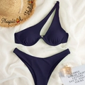 Dark blue one-shoulder ribbed bikini set with cutout detail and underwire support - XS / Navy Blue