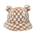 Close-up of soft plush texture on brown and white checkered bucket hat with bear ears - Khaki Plaid