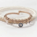 Rose gold steel cable bracelet with evil eye, heart and clover charms for women - 356 Rose Gold Bangle (356 Rose Gold)