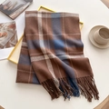 Brown plaid scarf with blue and white checks and fringed edges on white table - Brown Blue & White Plaid (WT181-7)