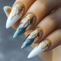 Faux ongles stiletto de luxe avec relief de plumes dorées 3D et motifs bleu et noir - Style Plume en Relief Or Marbré - Type Colle (Y-482)