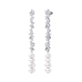 Elegant long S925 silver fringe earrings with white pearls and sparkling crystals - GPE56-P Zirconia Multi-Pearl Long Tassel Earrings / Silver