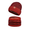 Winter knitted beanie and neck warmer set in dark red and black with thick fleece lining - 2-Piece Set - Wine Red