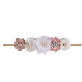 Detail of baby headband featuring five diverse fabric flowers in soft pink and white - Style 09