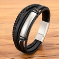 Pulsera multicapa para hombre de cuero trenzado negro con cierre magnético plateado - 19cm / Color Acero
