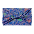 Bohemian blue floral wide elastic yoga headband with ethnic batik print and knot detail - Blue Floral Twist Bow (10776)