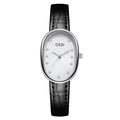 Elegant oval silver quartz watch with white mother-of-pearl dial and black leather strap - Silver Case White Dial Black Strap