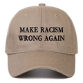 Close-up of black Make Racism Wrong Again embroidery on khaki cotton baseball cap - Khaki / Adjustable
