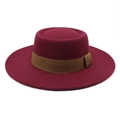 Detailed top view of a flat top burgundy wool felt hat with a brown decorative band - M (56-58cm) / Wine Red with Khaki Ribbon