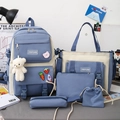 Blue and cream 5-piece nylon school backpack set for girls with cute bear charm - 389 Blue